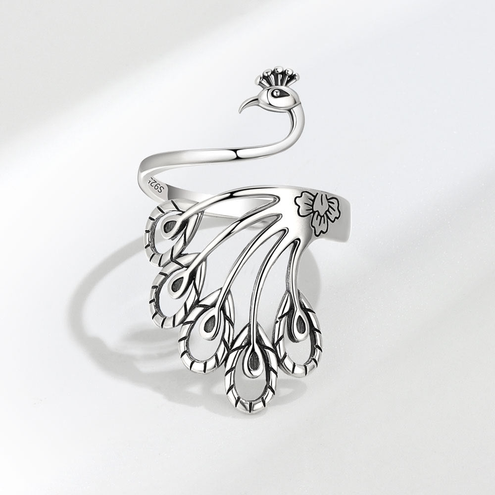 Creative Retro Peacock Sterling Silver Wide Face Ring